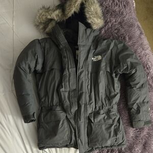 The North Face Gray Puffer Jacket with Fur-Trimmed Hood
